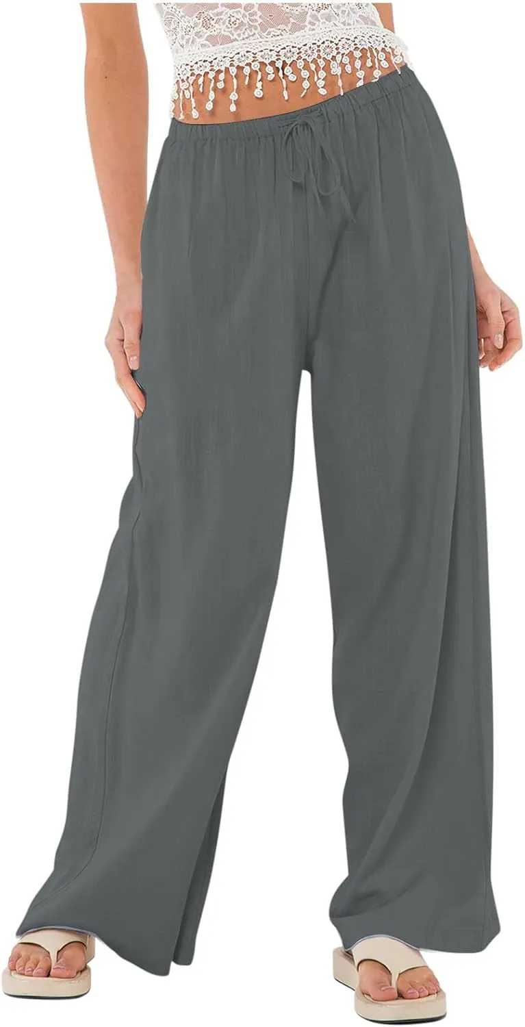 Women Linen Wide Leg Pants Summer High Waisted Drawstring Palazzo Pants Beach Baggy Casual Lounge Trousers