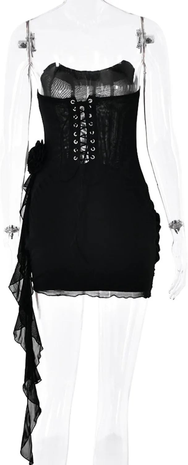 Women Mini Tube Dress Strapless See Through Bodycon 3D Floral Tassels Ruffles Sexy Party Dresses