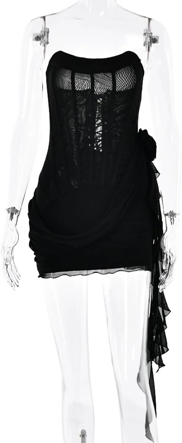 Women Mini Tube Dress Strapless See Through Bodycon 3D Floral Tassels Ruffles Sexy Party Dresses