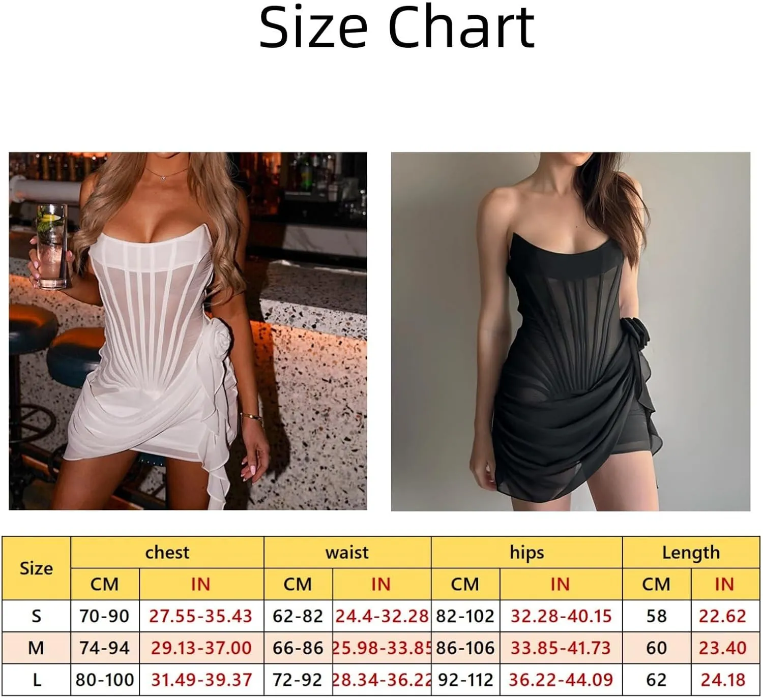 Women Mini Tube Dress Strapless See Through Bodycon 3D Floral Tassels Ruffles Sexy Party Dresses