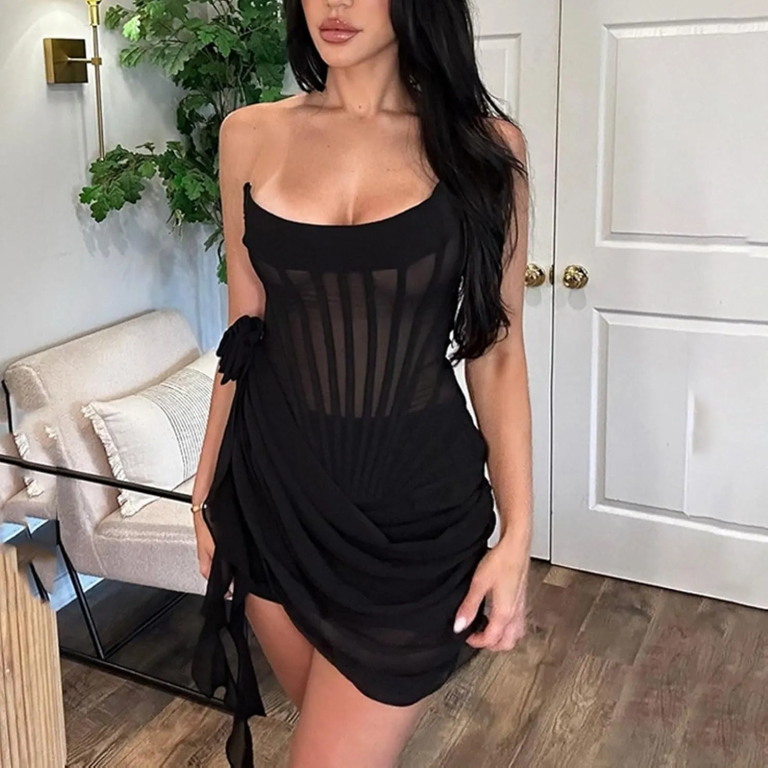 Women Mini Tube Dress Strapless See Through Bodycon 3D Floral Tassels Ruffles Sexy Party Dresses