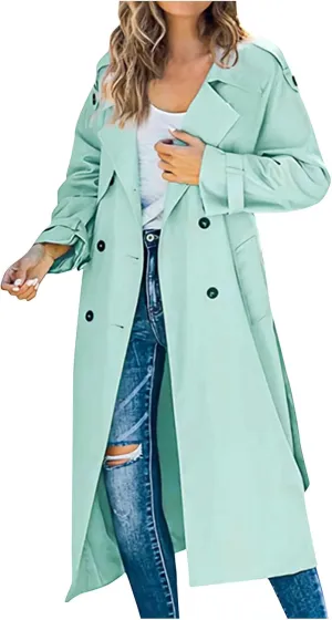 Women Notch Lapel Collar Trench Coats Open Front Cardigan Double Breasted Jacket Casual Long Peacoat 2022 Trendy Clothes