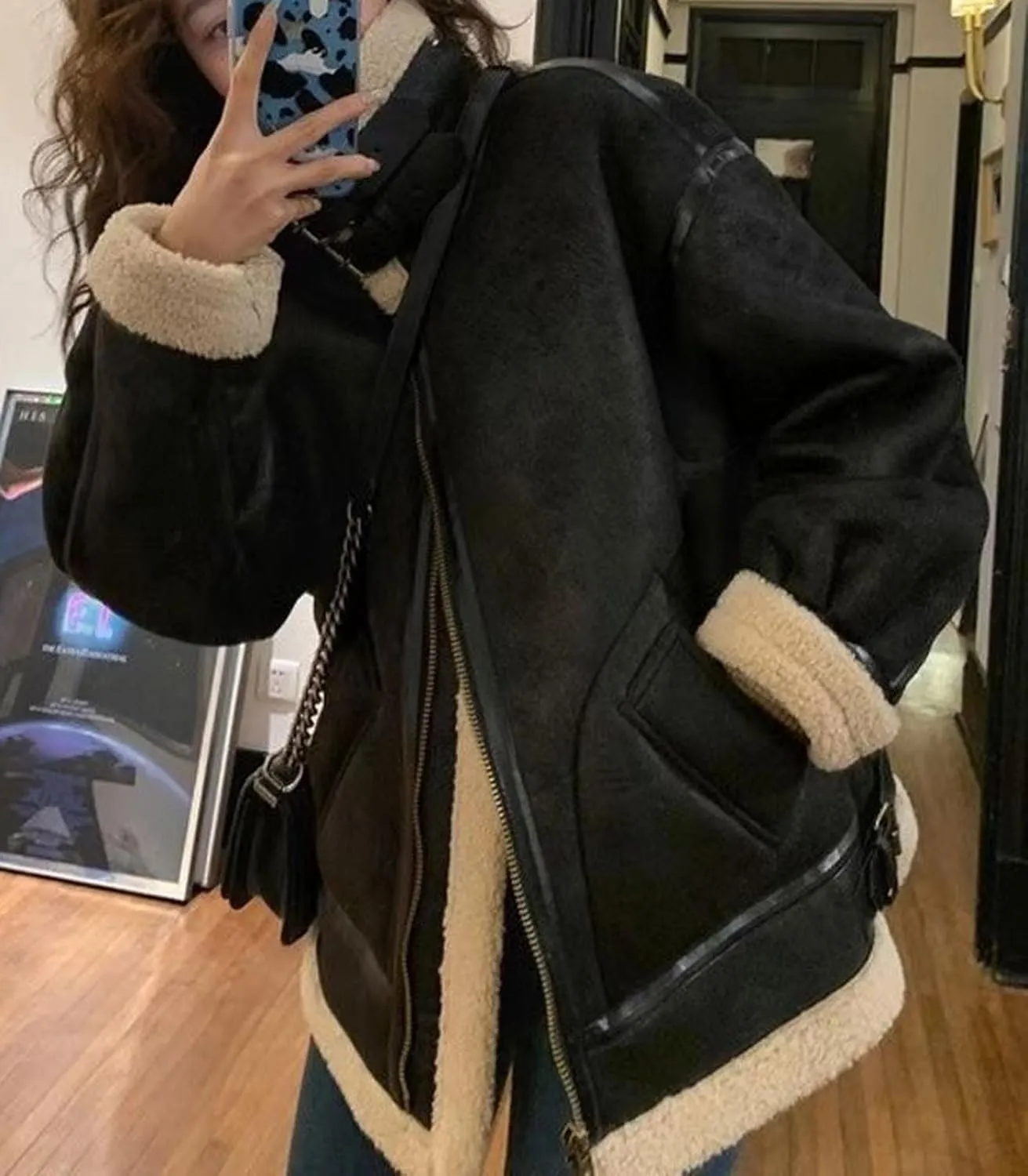 Women Oversized Faux Suede Moto Jacket Sherpa Fleece Lined Leather Jacket Aviator Shearling Fur Coat Overcoat