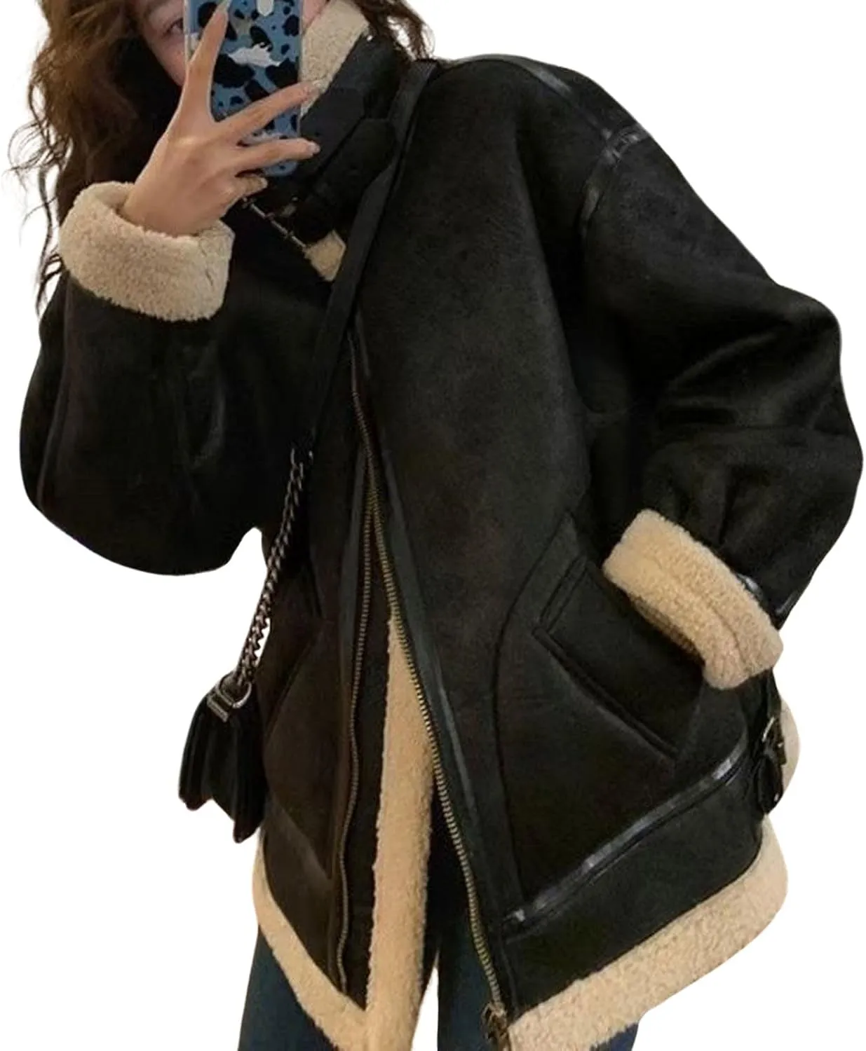 Women Oversized Faux Suede Moto Jacket Sherpa Fleece Lined Leather Jacket Aviator Shearling Fur Coat Overcoat