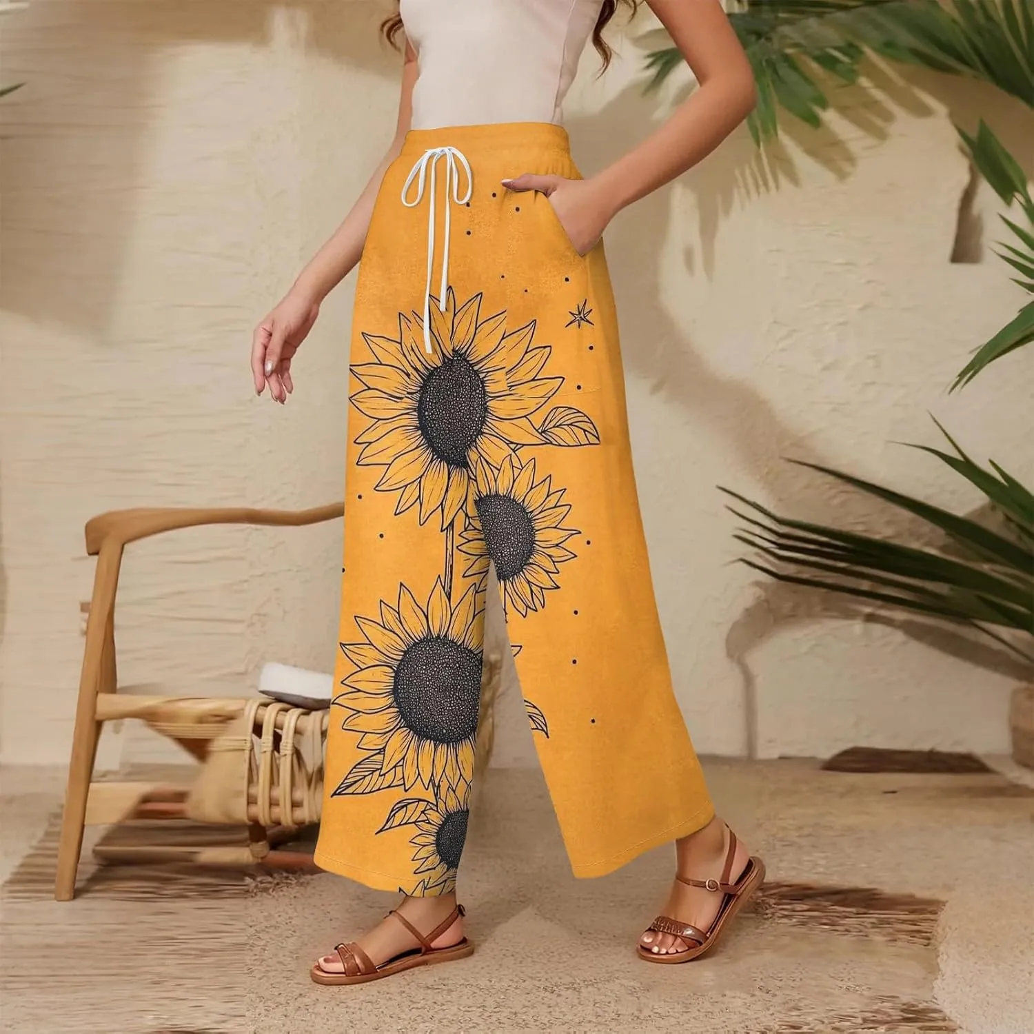Women Palazzo Pants Summer Floral Print Soft Comfy Flowy High Waist Wide Leg Pants Casual Loose Beach Lounge Trouser