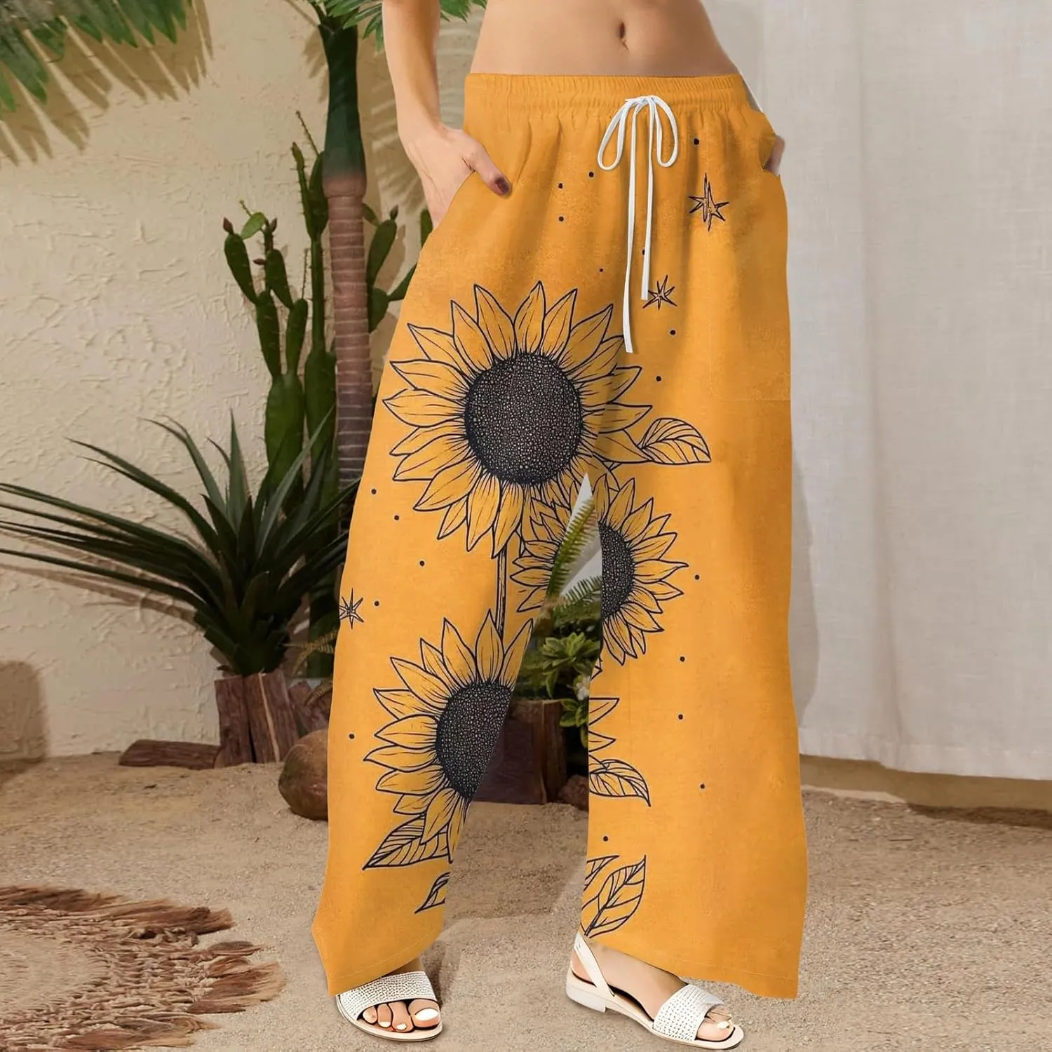 Women Palazzo Pants Summer Floral Print Soft Comfy Flowy High Waist Wide Leg Pants Casual Loose Beach Lounge Trouser