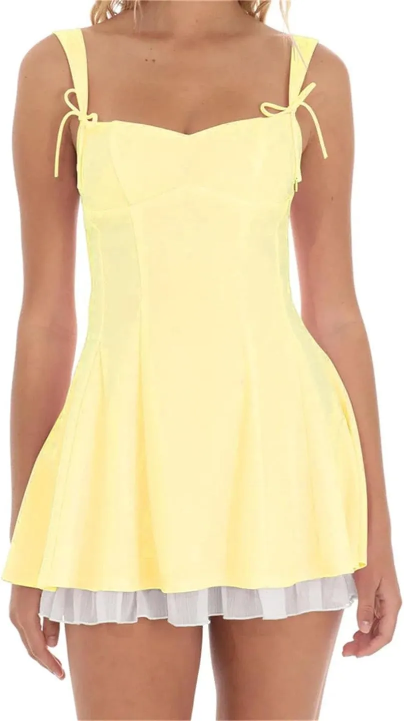 Women Short Mini Dresses Ruffles Sleeveless Bow Tie-Up Strap Solid Color Dress