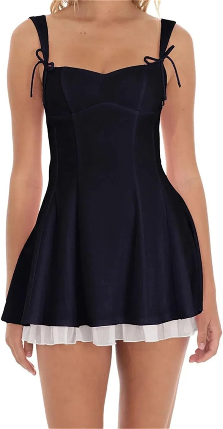 Women Short Mini Dresses Ruffles Sleeveless Bow Tie-Up Strap Solid Color Dress