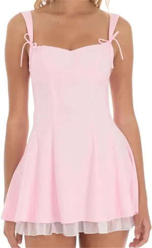 Women Short Mini Dresses Ruffles Sleeveless Bow Tie-Up Strap Solid Color Dress