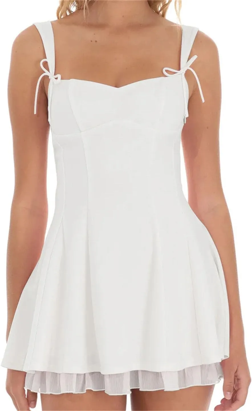 Women Short Mini Dresses Ruffles Sleeveless Bow Tie-Up Strap Solid Color Dress