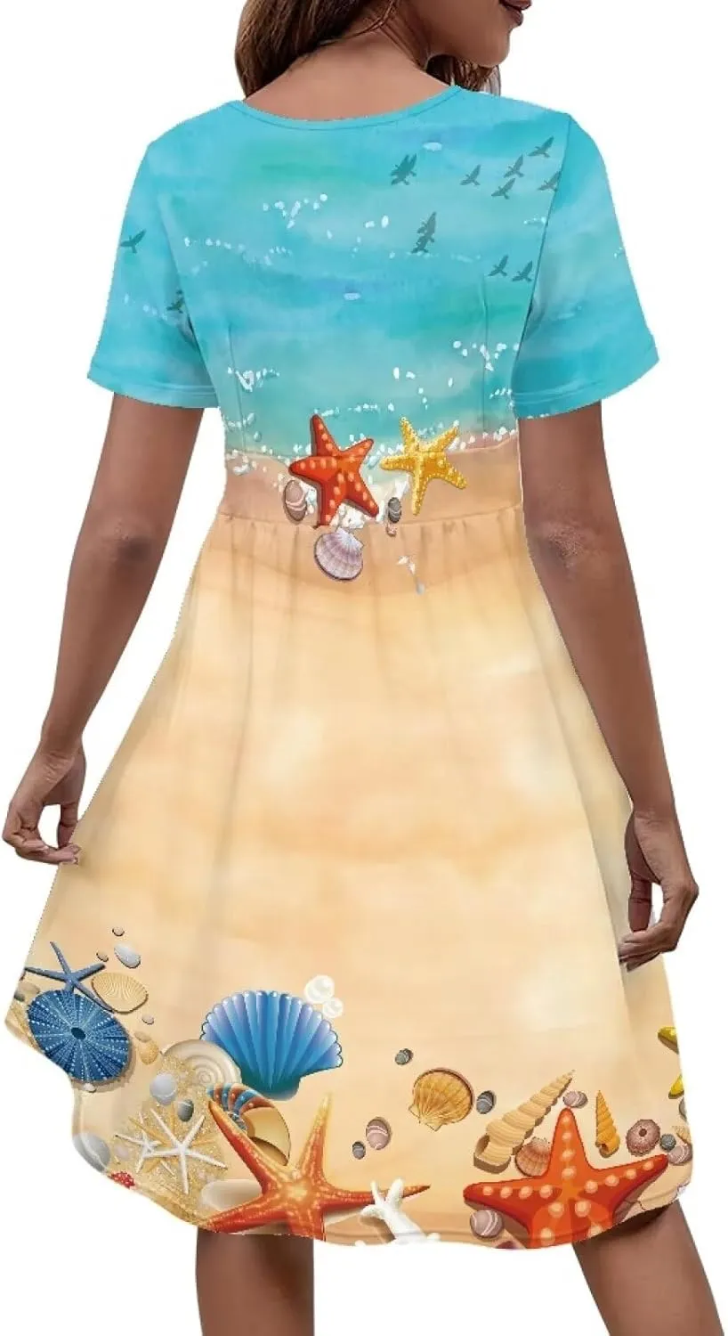 Women Short Sleeve Midi Dress Casual Summer Sundress with Pocket Flared A-line Comfy Swing Skater Dress Size S-4XL