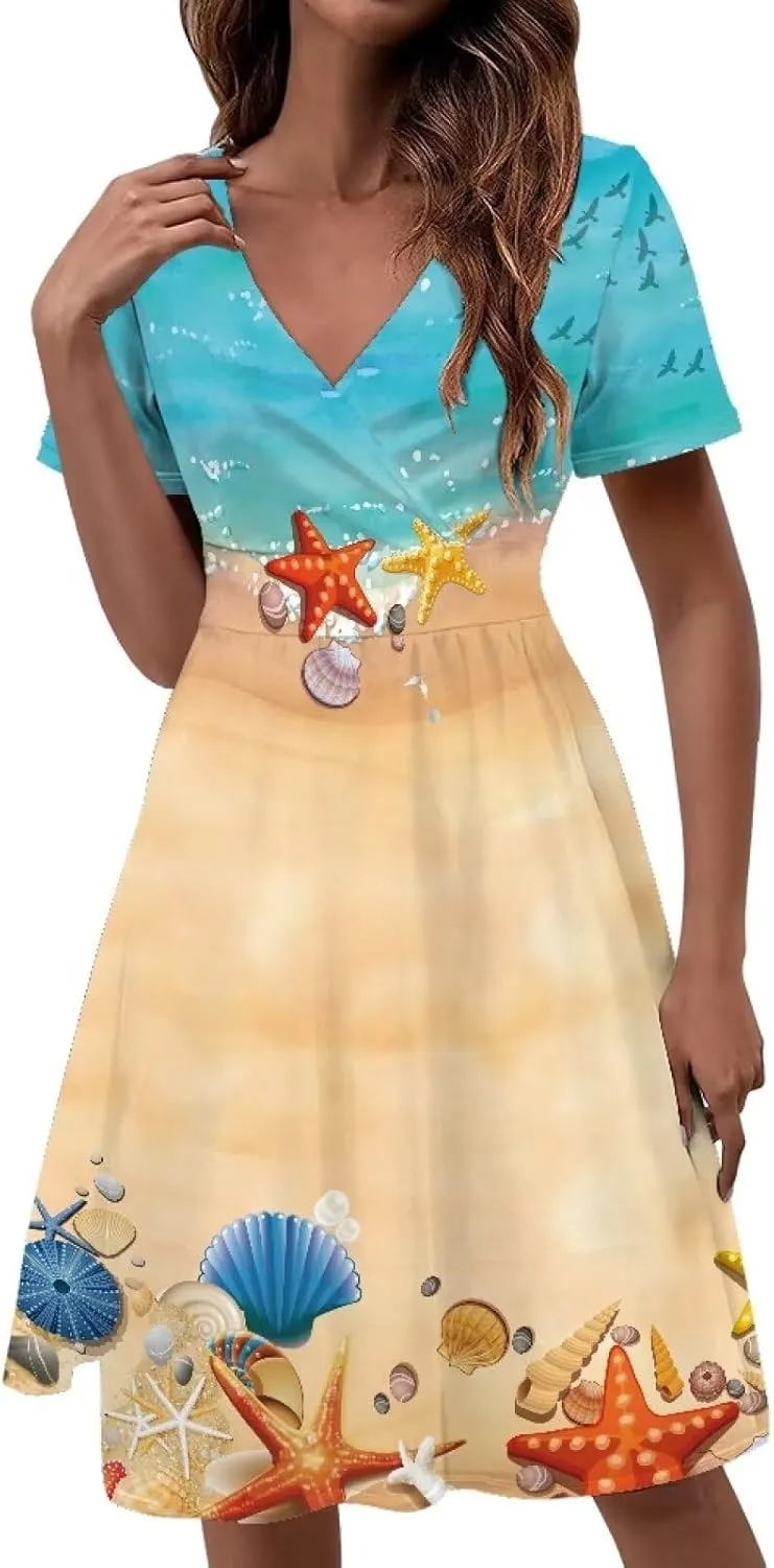 Women Short Sleeve Midi Dress Casual Summer Sundress with Pocket Flared A-line Comfy Swing Skater Dress Size S-4XL