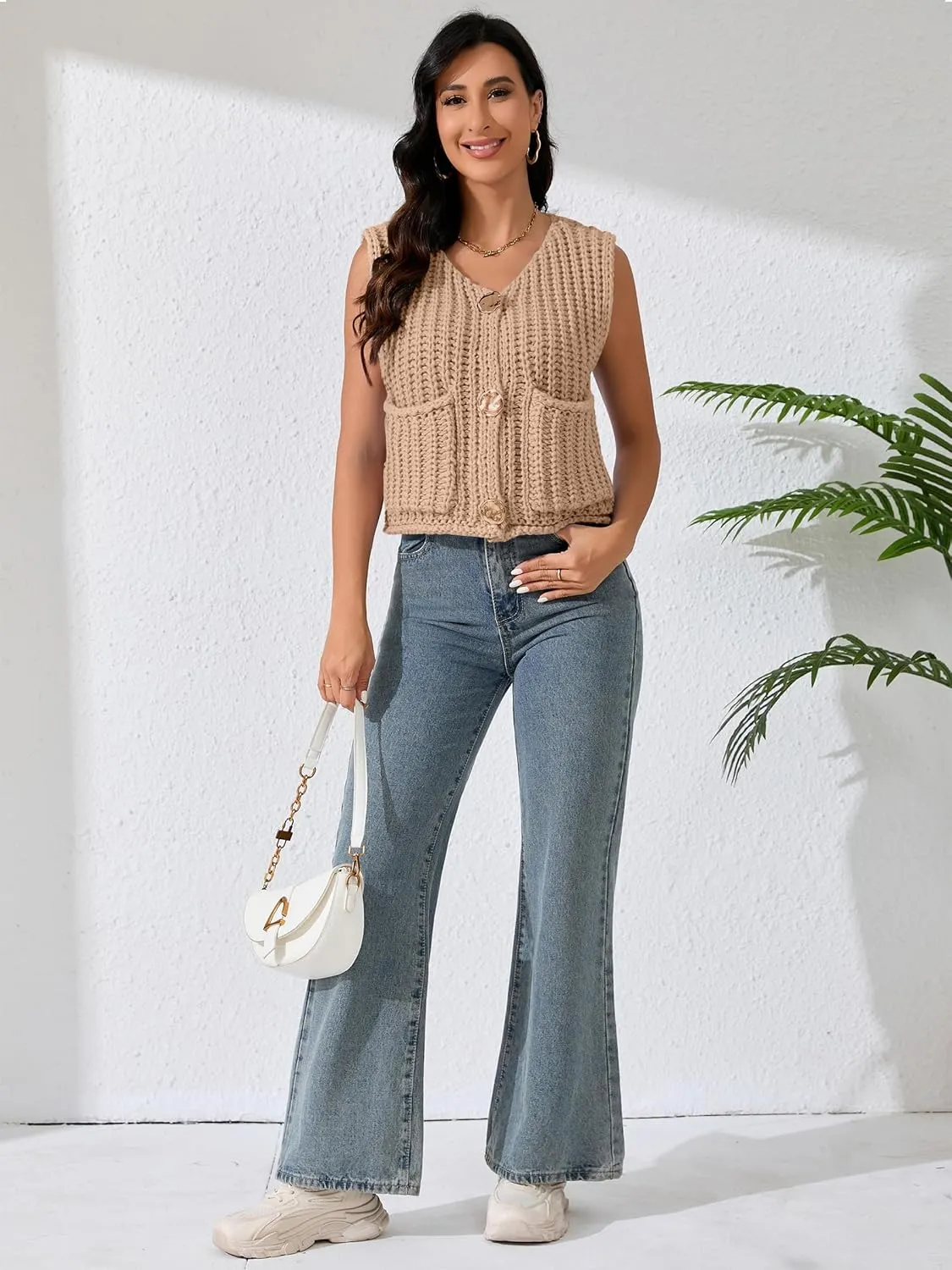Women Sleeveless Knit Sweater Vest Crochet Chunky Button Down Cardigan Crop Vests Tops with Pockets