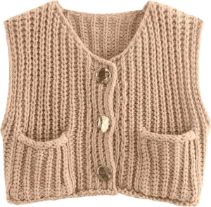 Women Sleeveless Knit Sweater Vest Crochet Chunky Button Down Cardigan Crop Vests Tops with Pockets