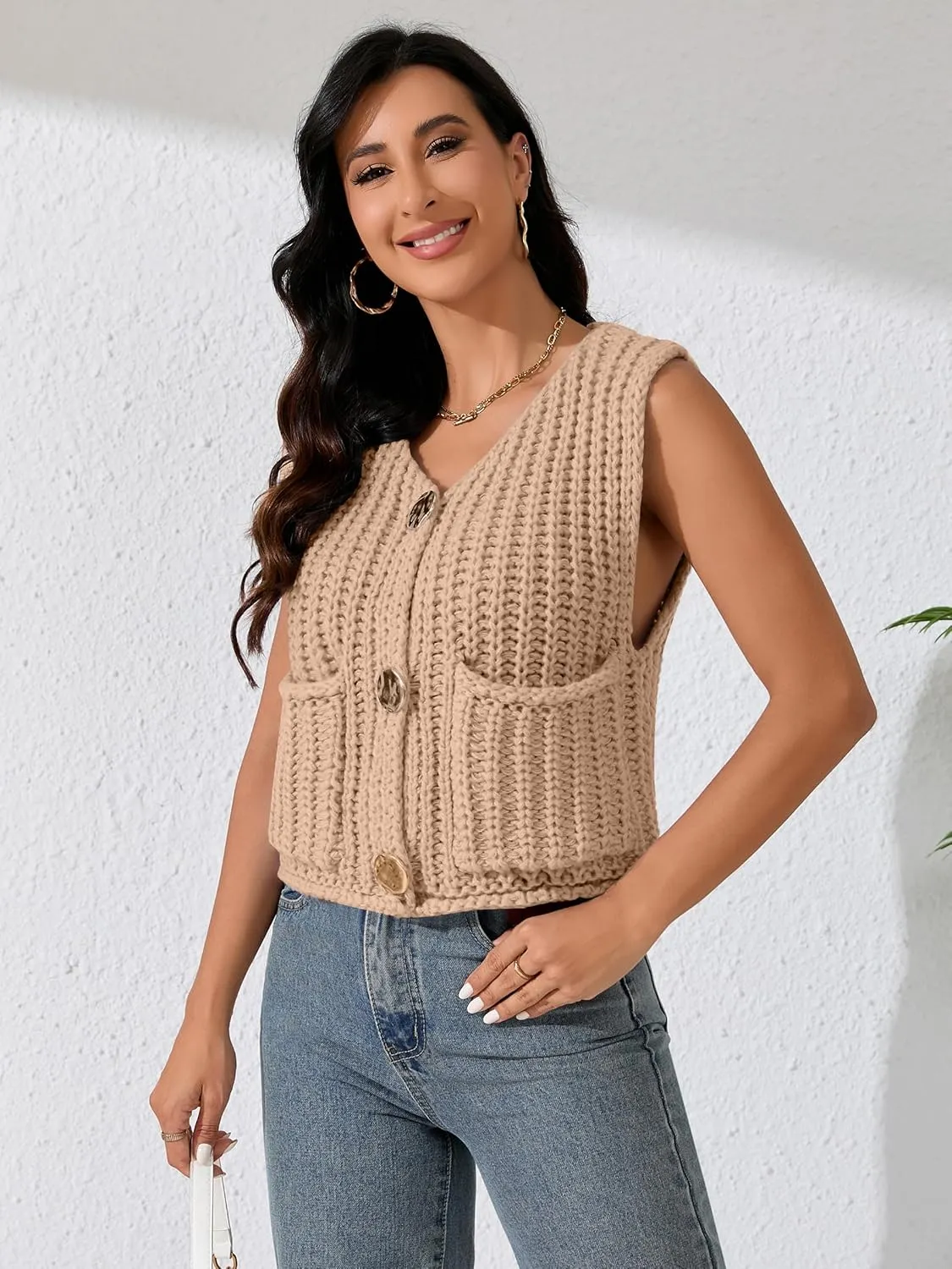 Women Sleeveless Knit Sweater Vest Crochet Chunky Button Down Cardigan Crop Vests Tops with Pockets