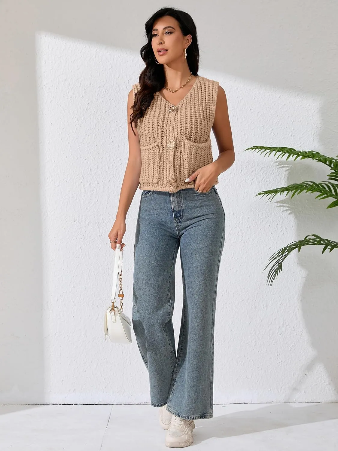 Women Sleeveless Knit Sweater Vest Crochet Chunky Button Down Cardigan Crop Vests Tops with Pockets