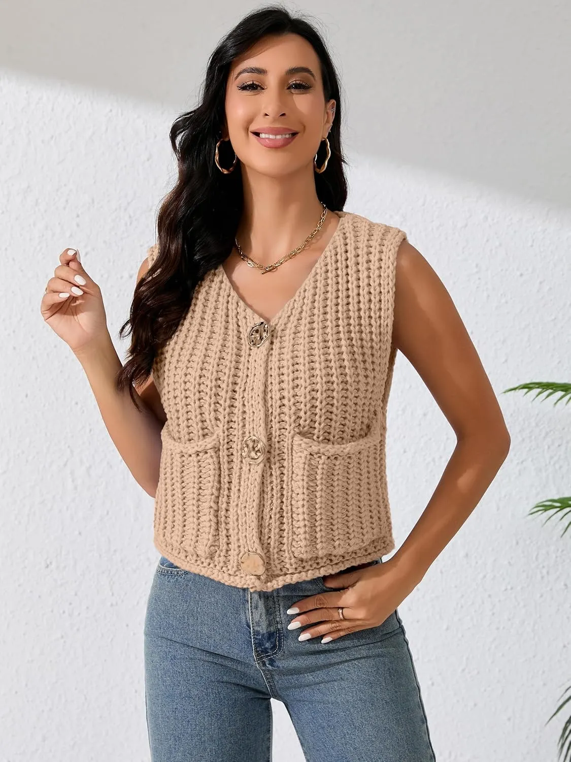 Women Sleeveless Knit Sweater Vest Crochet Chunky Button Down Cardigan Crop Vests Tops with Pockets