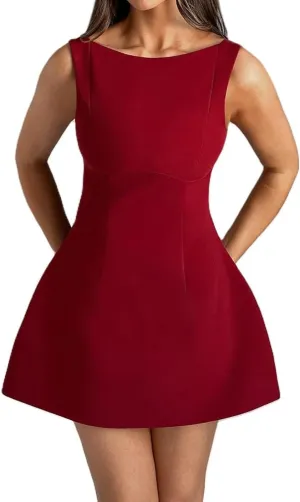 Women Sleeveless Mini Dress Summer Mock Neck Zipper Backless Slim A Line Dress Party Cocktail Bodycon Short Dresses