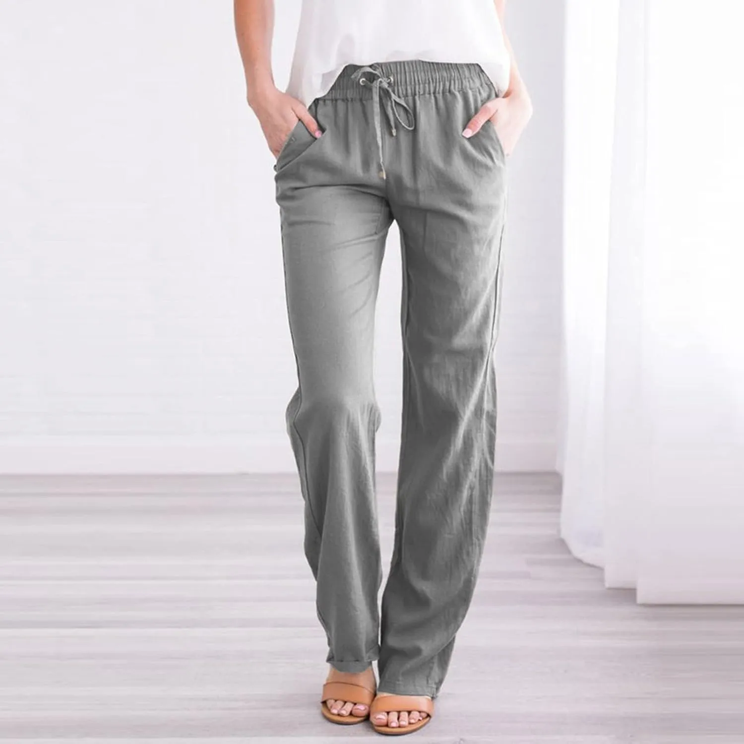 Women Solid Straight Solid Elastic Pants Long Drawstring Linen Women Waist Cotton Casual Womens Plus Size Workout Pants