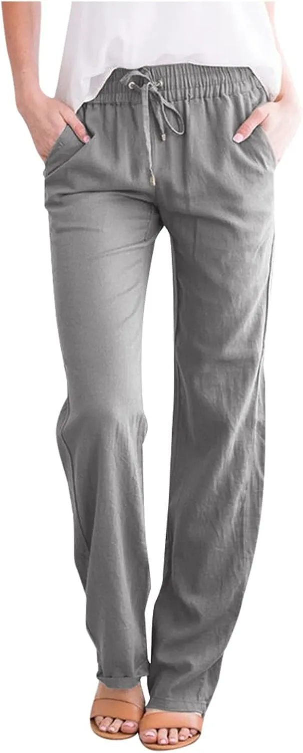 Women Solid Straight Solid Elastic Pants Long Drawstring Linen Women Waist Cotton Casual Womens Plus Size Workout Pants