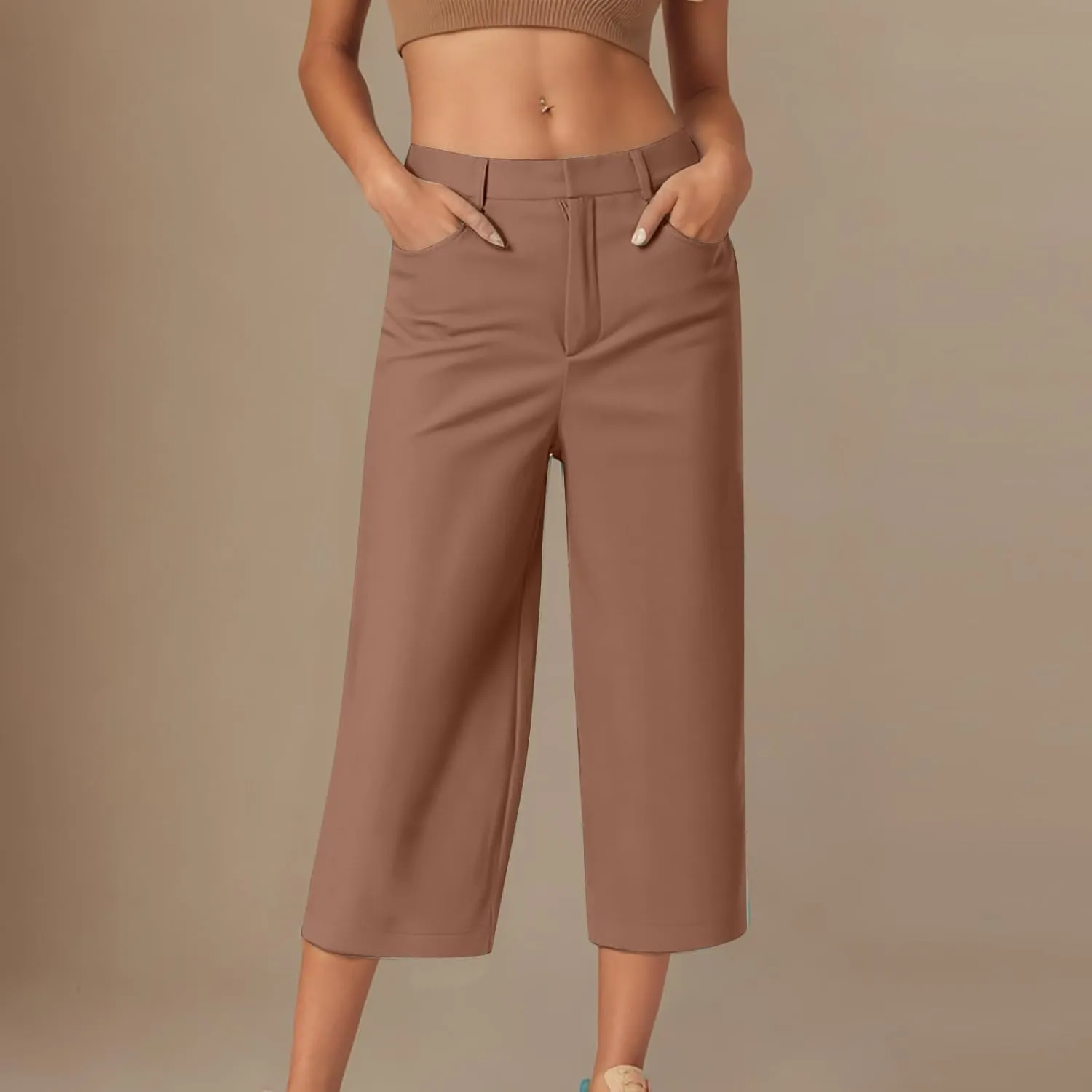 Women Straight Leg Dress Pants Summer Business Casual Work Capri Pant High Waist Stretchy Trousers Loose Office Slacks Bottom