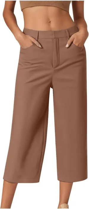 Women Straight Leg Dress Pants Summer Business Casual Work Capri Pant High Waist Stretchy Trousers Loose Office Slacks Bottom