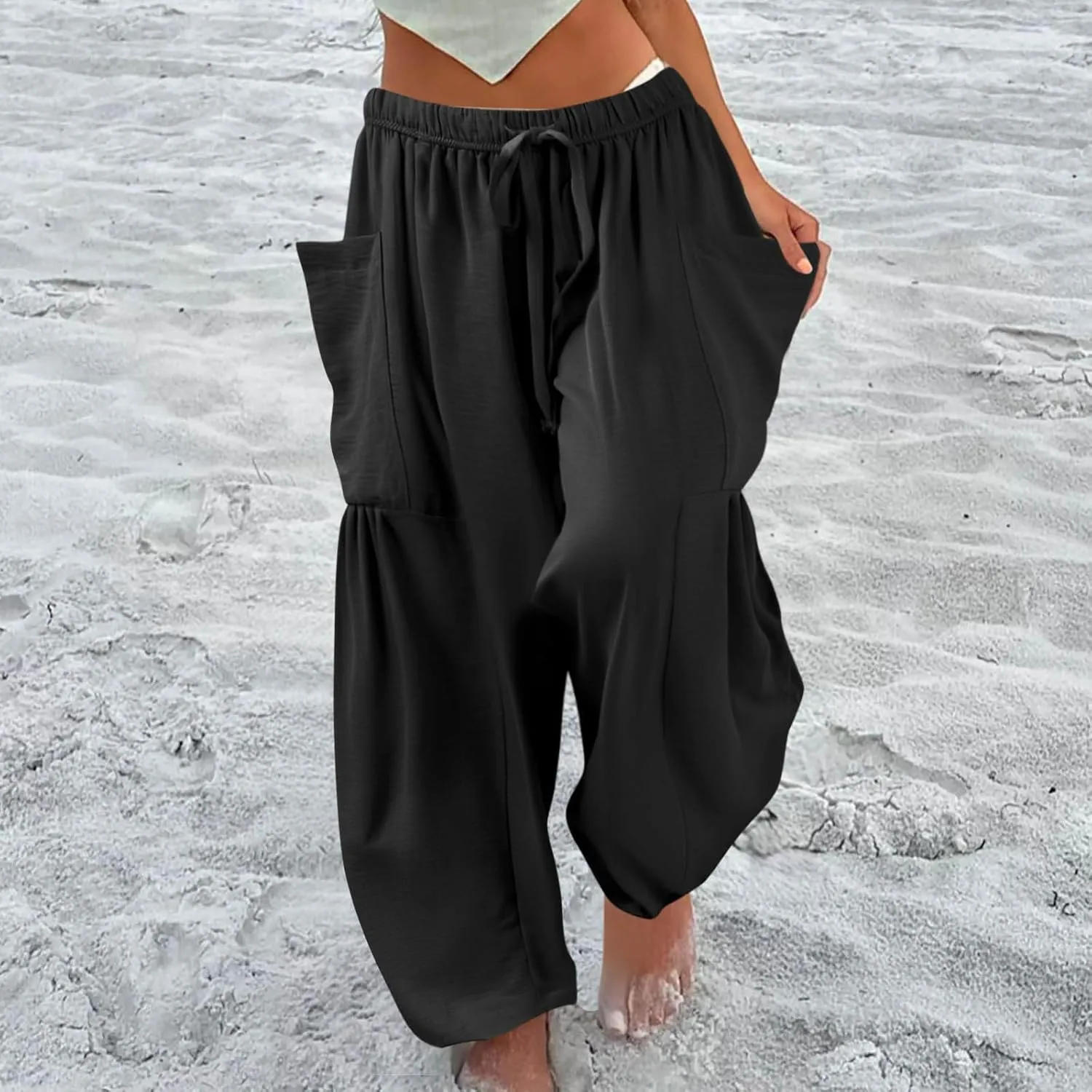 Women Summer Beach Vacation Pants Wide Leg High Waisted Drawstring Pants Casual Boho Loose Trendy Palazzo Clothes