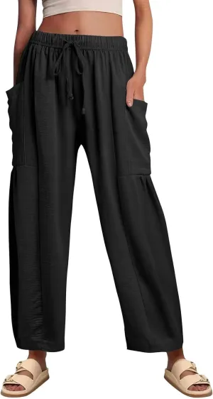 Women Summer Beach Vacation Pants Wide Leg High Waisted Drawstring Pants Casual Boho Loose Trendy Palazzo Clothes