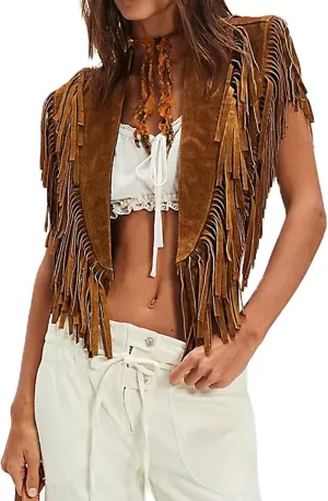 Women Tassel Vest Y2K Sleeveless Fringe Wide Eyes Suede Collar Shawl Open Front Boho Western Jacket Cardigan