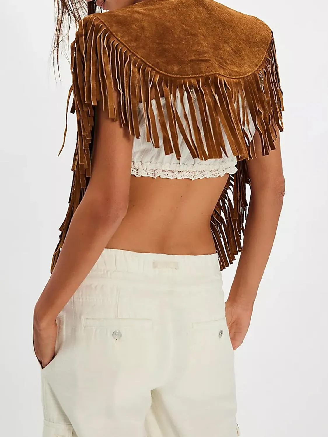 Women Tassel Vest Y2K Sleeveless Fringe Wide Eyes Suede Collar Shawl Open Front Boho Western Jacket Cardigan