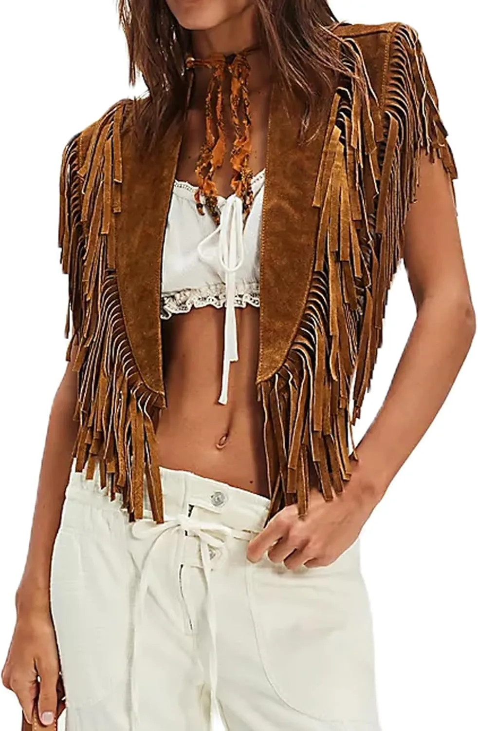 Women Tassel Vest Y2K Sleeveless Fringe Wide Eyes Suede Collar Shawl Open Front Boho Western Jacket Cardigan