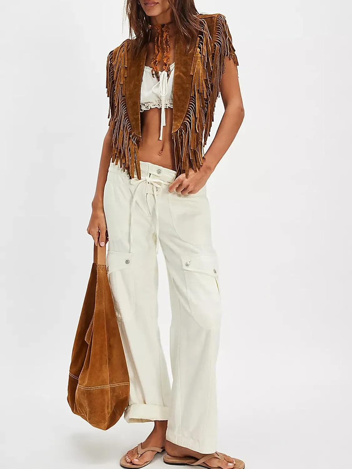 Women Tassel Vest Y2K Sleeveless Fringe Wide Eyes Suede Collar Shawl Open Front Boho Western Jacket Cardigan