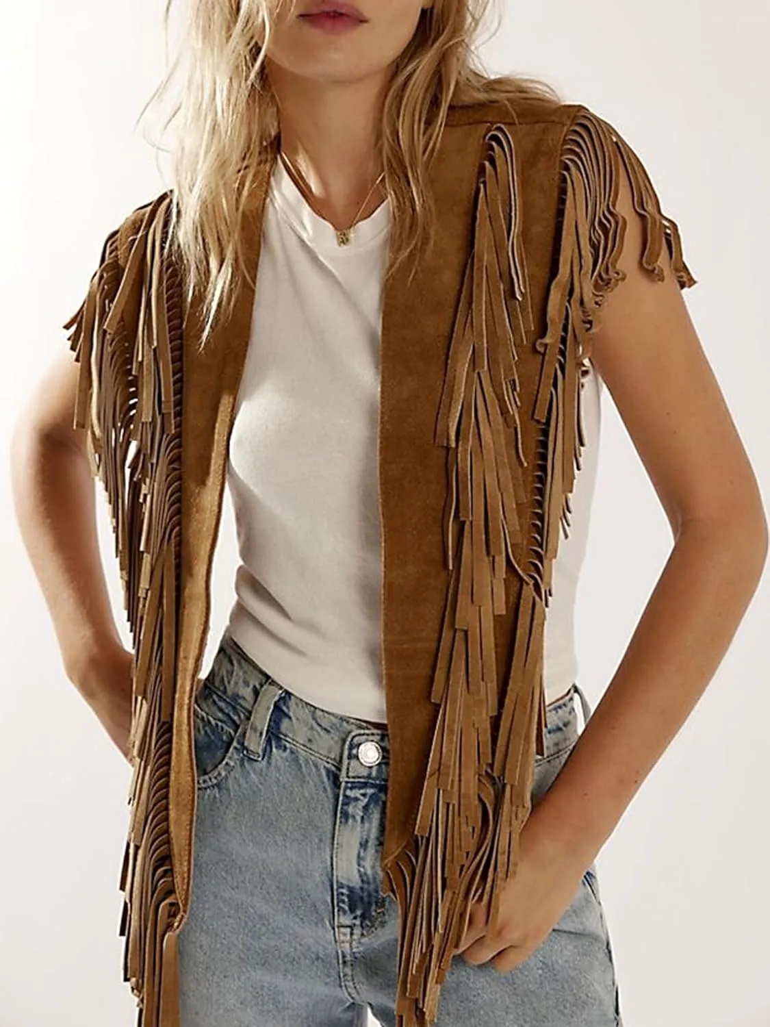 Women Tassel Vest Y2K Sleeveless Fringe Wide Eyes Suede Collar Shawl Open Front Boho Western Jacket Cardigan