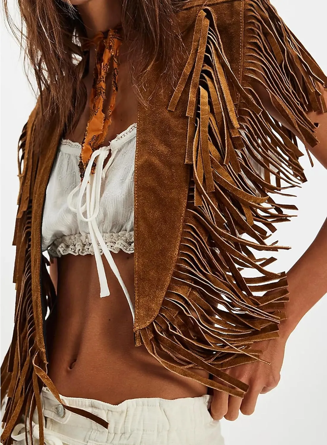 Women Tassel Vest Y2K Sleeveless Fringe Wide Eyes Suede Collar Shawl Open Front Boho Western Jacket Cardigan