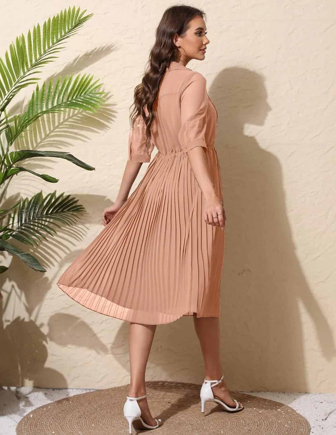Women V Neck 3/4 Sleeve Pleated A-Line Dress with Belt Swing Midi Dresses for Spring Summer Autumn