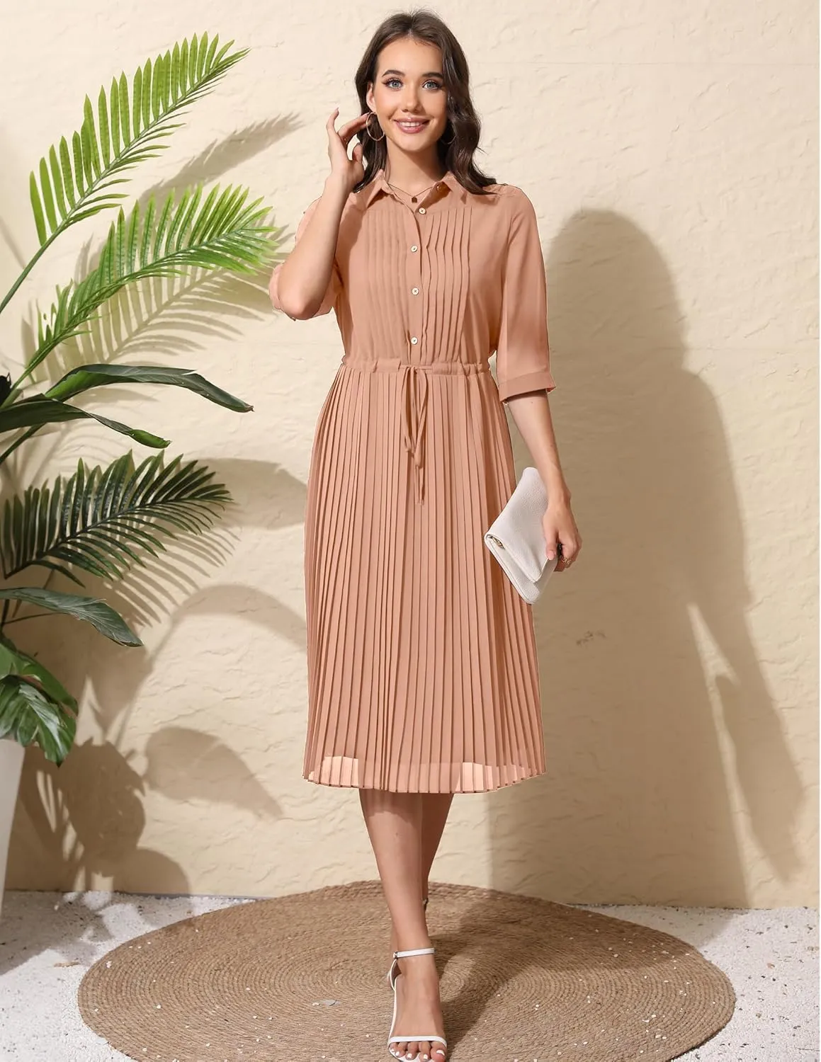 Women V Neck 3/4 Sleeve Pleated A-Line Dress with Belt Swing Midi Dresses for Spring Summer Autumn