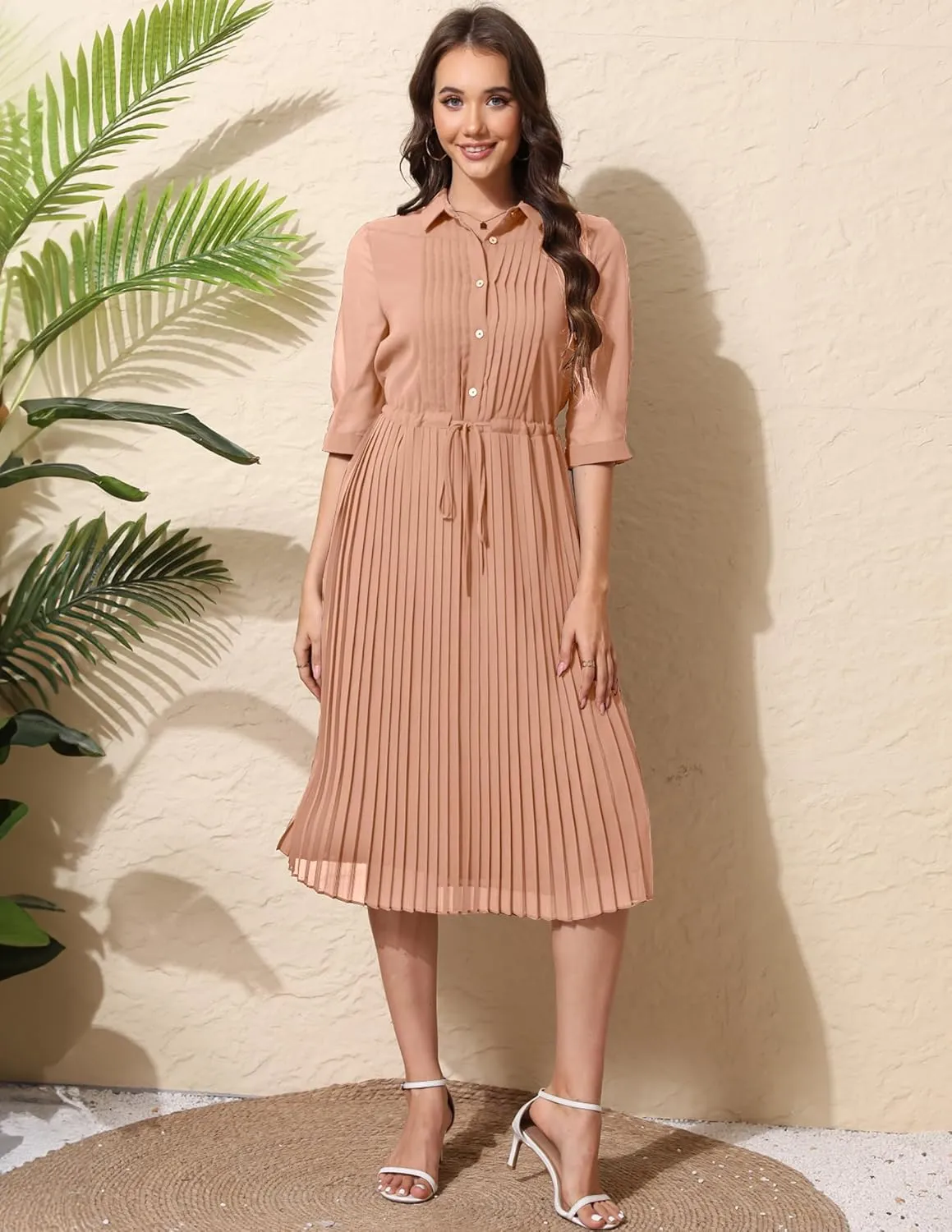 Women V Neck 3/4 Sleeve Pleated A-Line Dress with Belt Swing Midi Dresses for Spring Summer Autumn