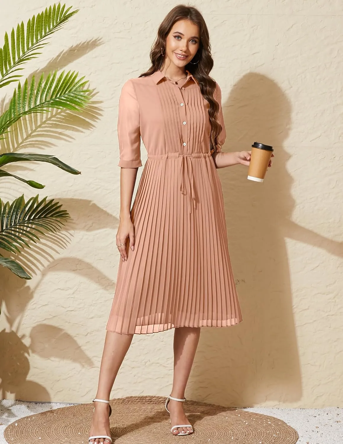 Women V Neck 3/4 Sleeve Pleated A-Line Dress with Belt Swing Midi Dresses for Spring Summer Autumn