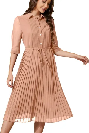 Women V Neck 3/4 Sleeve Pleated A-Line Dress with Belt Swing Midi Dresses for Spring Summer Autumn