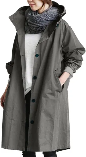 Women Waterproof Raincoat Long Hooded Windbreaker Trench Jacket Plus Size Button down Jacket Rain Jackets