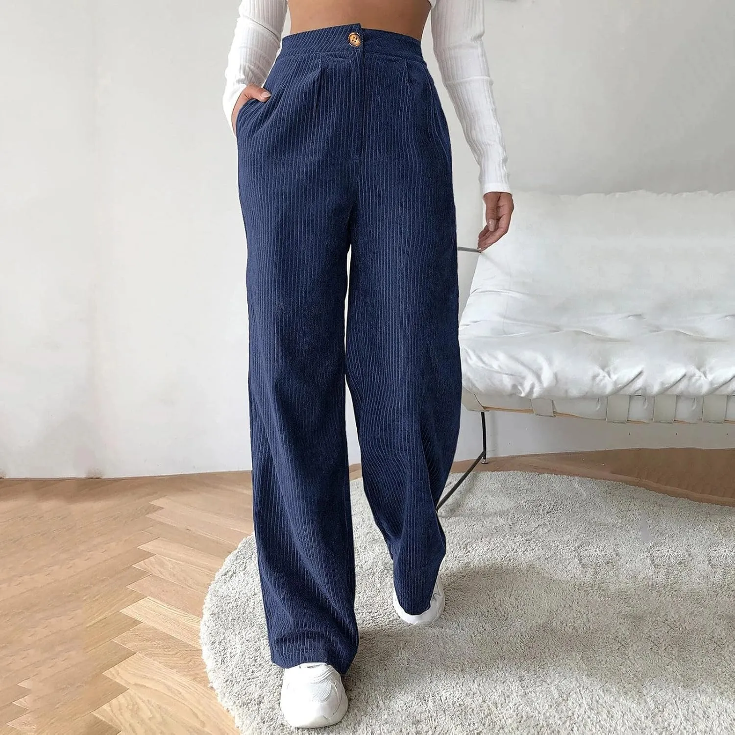 Women Wide Leg High Waist Linen Pants Back Elastic Waist Work Casual Trousers