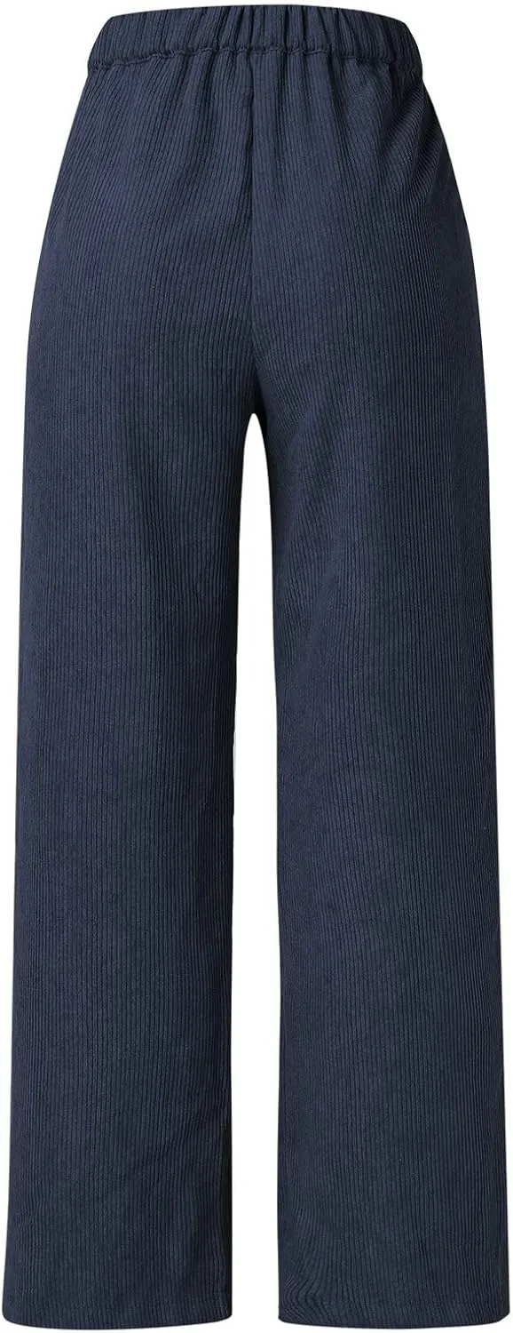 Women Wide Leg High Waist Linen Pants Back Elastic Waist Work Casual Trousers