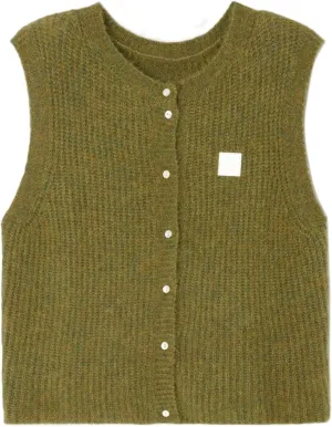 Women Y2k Knitted Sweater Vest Sleeveelss Button Down Round Neck Ribbed Knit Tank Top Cardigan Vest Streetwear