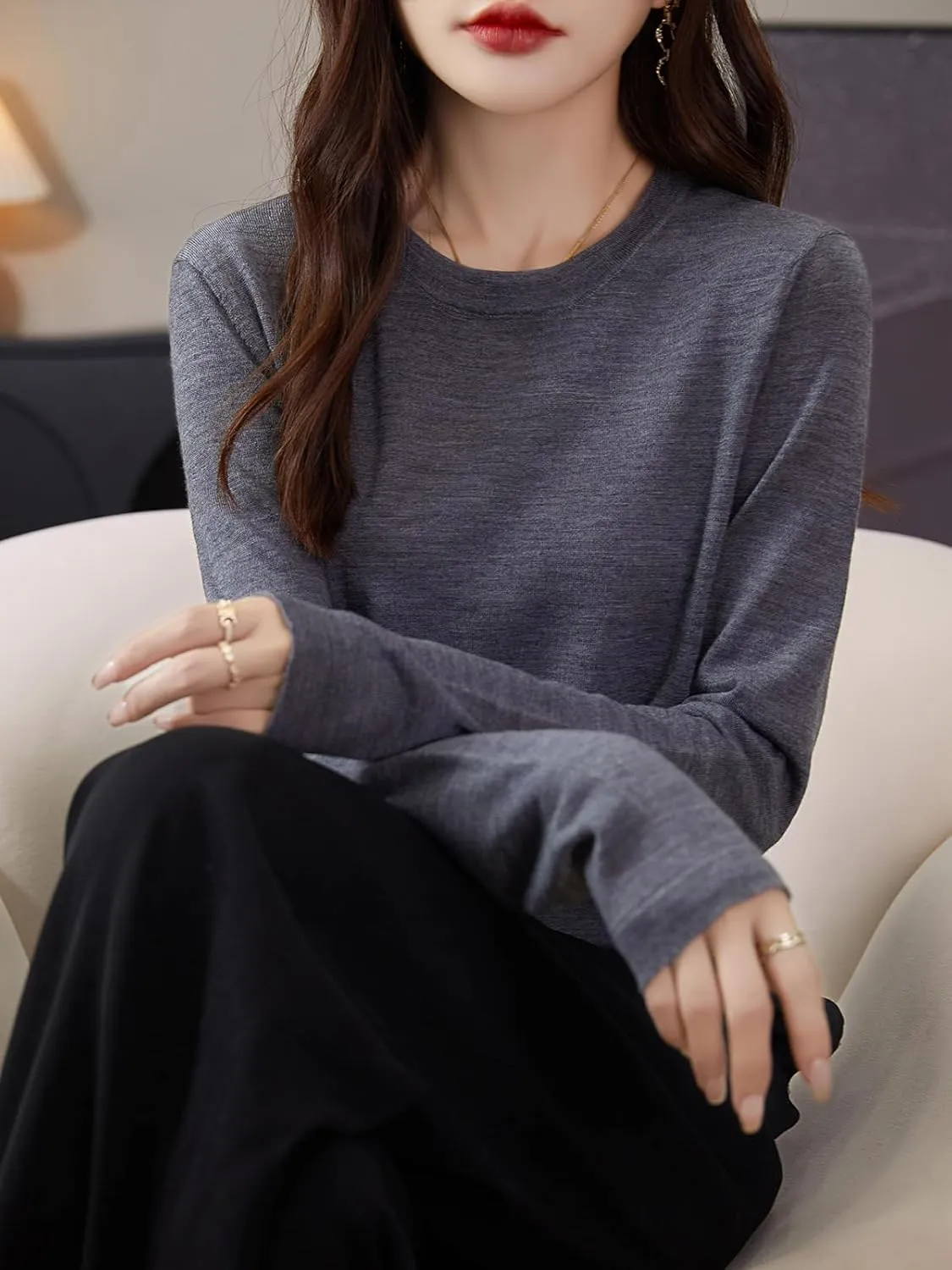 Women's 100% Merino Wool Base Layer Shirt Tops Crewneck Long Sleeve Travel Hiking Tee T Shirt Pullover Sweater