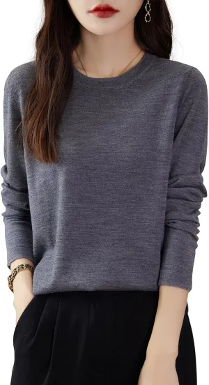 Women's 100% Merino Wool Base Layer Shirt Tops Crewneck Long Sleeve Travel Hiking Tee T Shirt Pullover Sweater