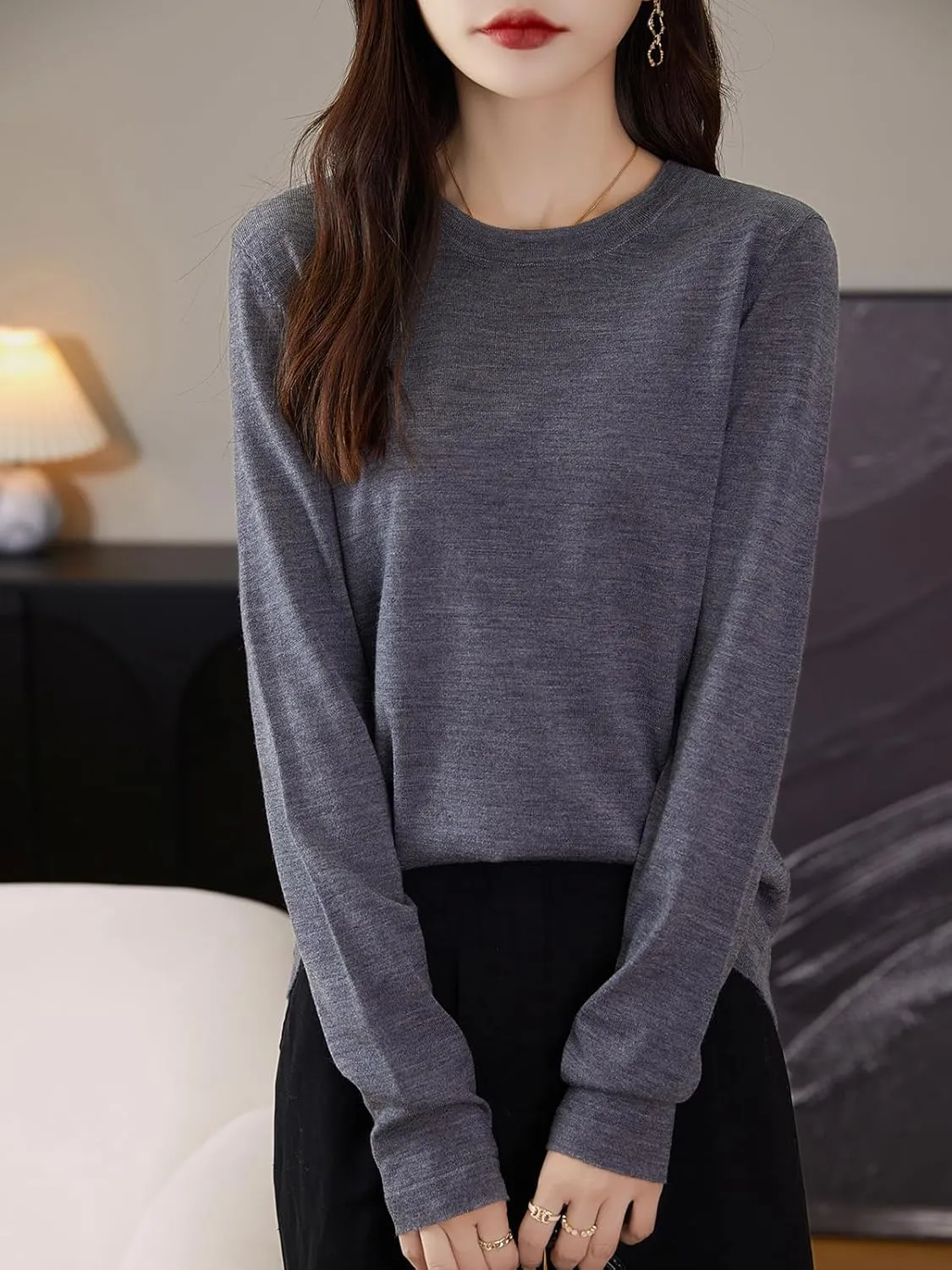 Women's 100% Merino Wool Base Layer Shirt Tops Crewneck Long Sleeve Travel Hiking Tee T Shirt Pullover Sweater