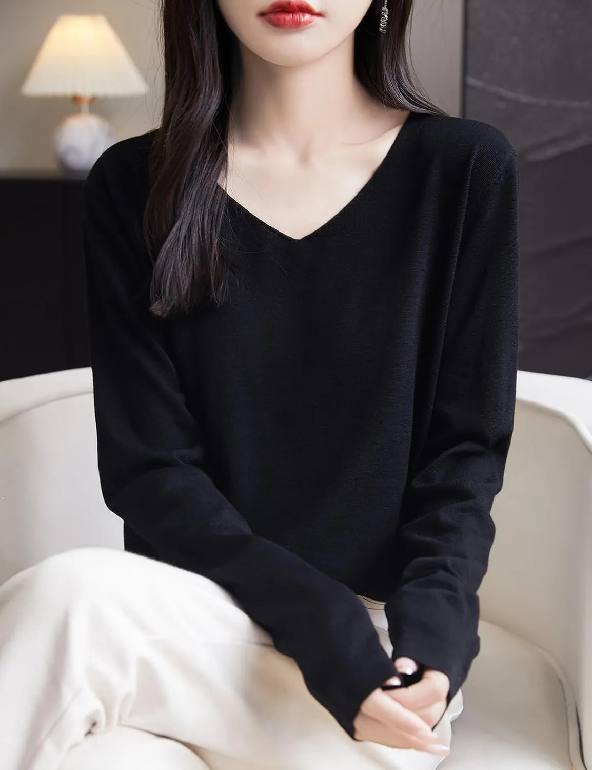 Women's 100% Merino Wool Base Layer Shirt Tops V Neck Long Sleeve Travel Hiking Tee T Shirt Pullover Sweater