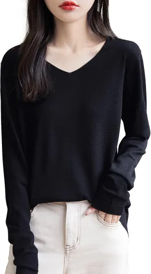 Women's 100% Merino Wool Base Layer Shirt Tops V Neck Long Sleeve Travel Hiking Tee T Shirt Pullover Sweater
