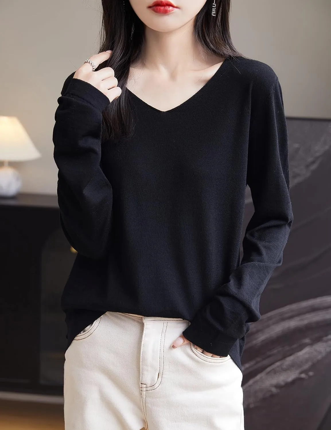 Women's 100% Merino Wool Base Layer Shirt Tops V Neck Long Sleeve Travel Hiking Tee T Shirt Pullover Sweater