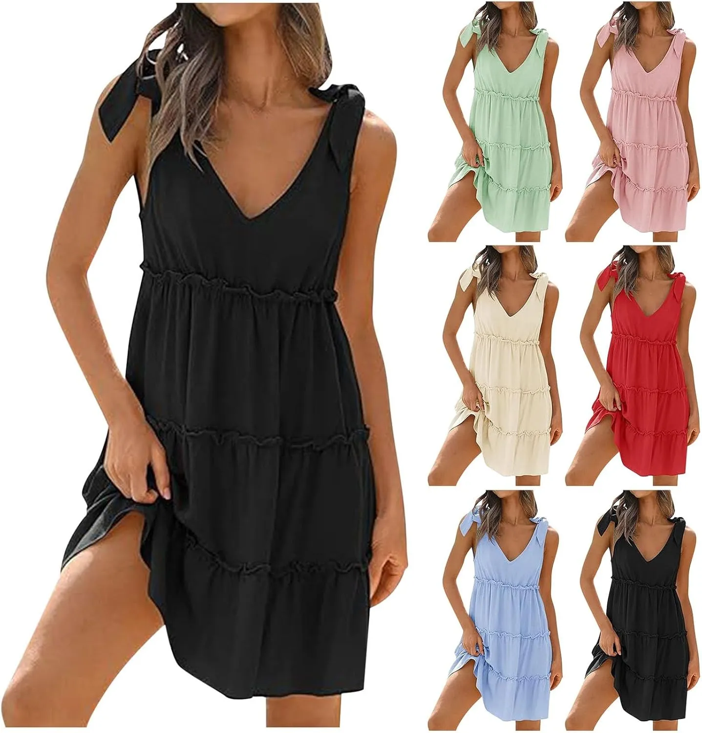 Womens 2024 Summer Mini Dress Casual V Neck Sleeveless Tie Shoulder Tiered Ruffle Swing A Line Short Sundresses Beach Dress